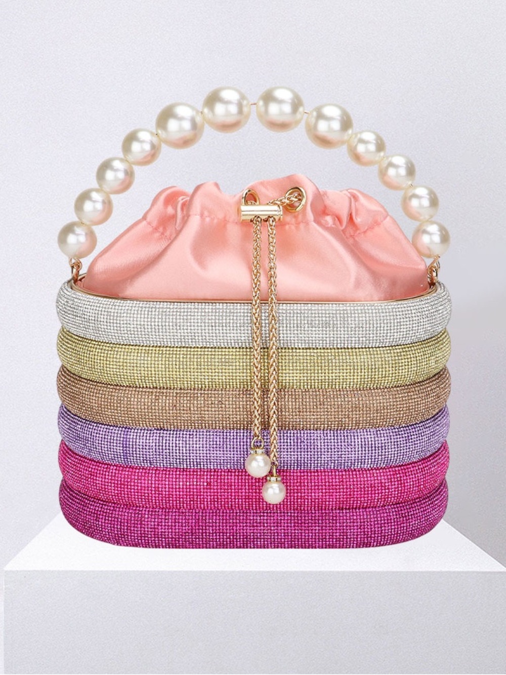 Pearl-Handle Pink Satin Drawstring Women’s Bag